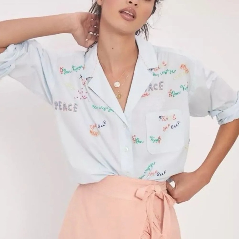Maeve by Anthropologie Clarissa High Low Embroidered Button Down